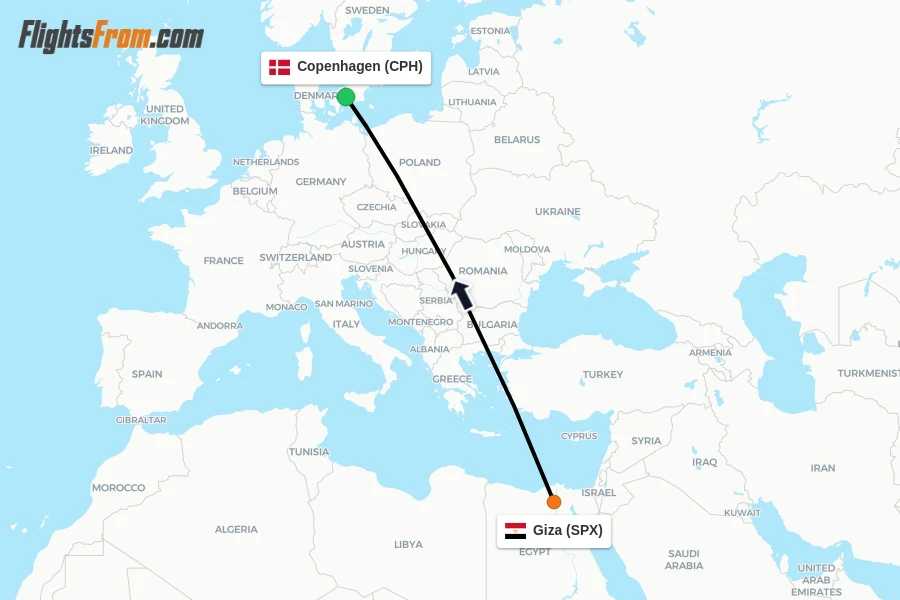 Flights from Giza to Copenhagen route map