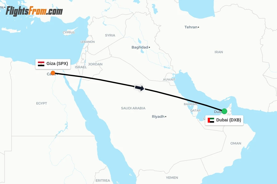 Flights from Giza to Dubai route map
