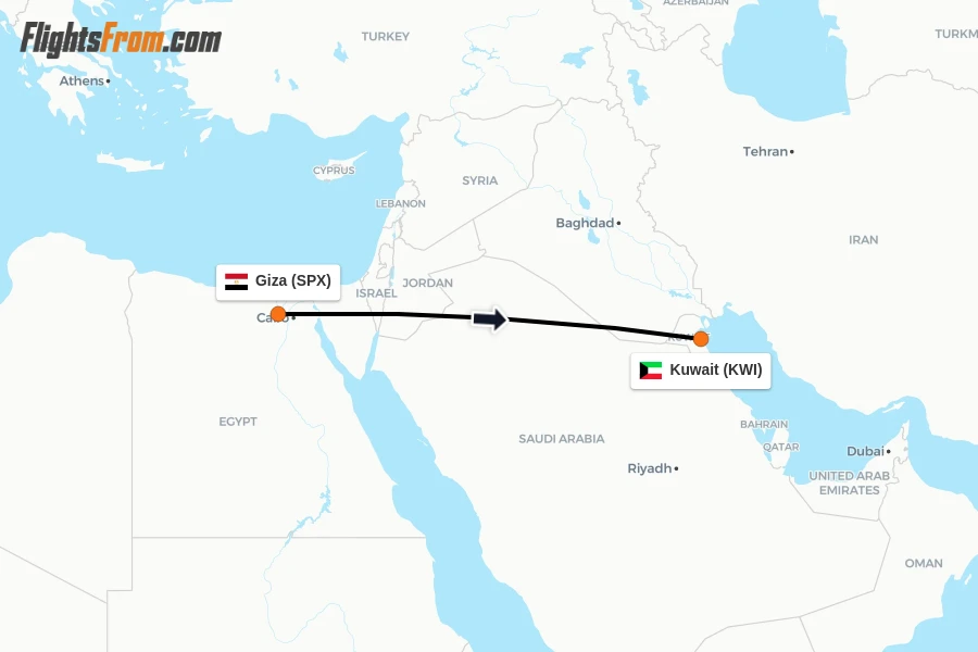 Flights from Giza to Kuwait route map