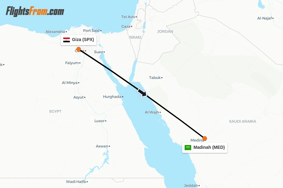 Flights from Giza to Madinah route map