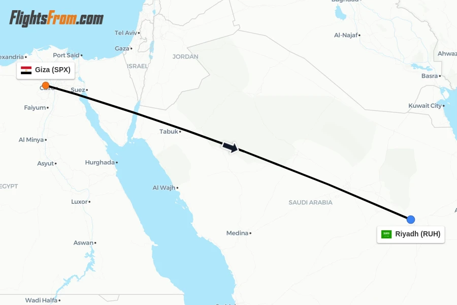 Flights from Giza to Riyadh route map