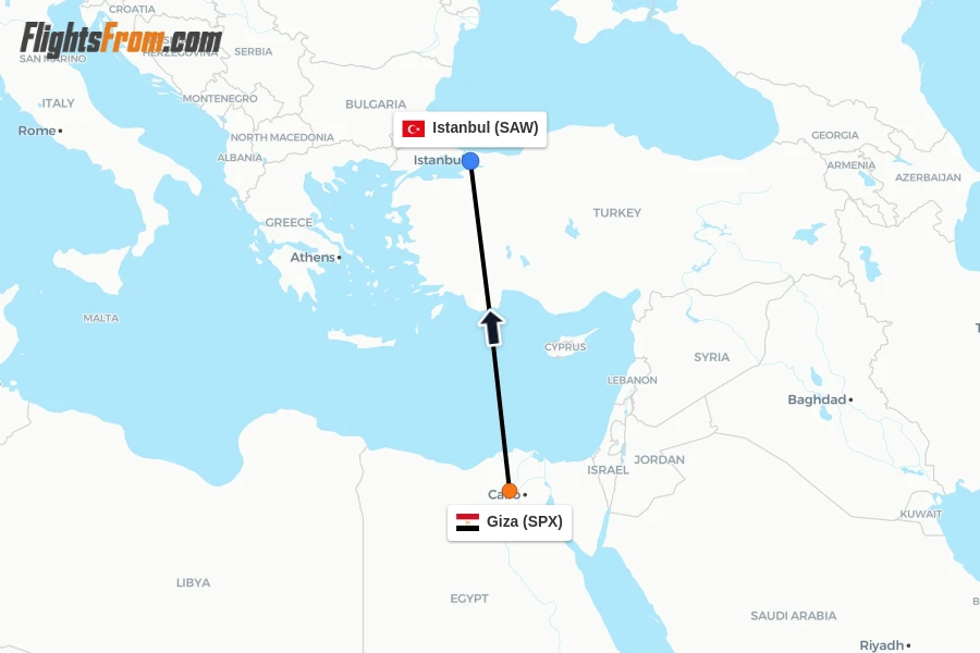 Flights from Giza to Istanbul route map
