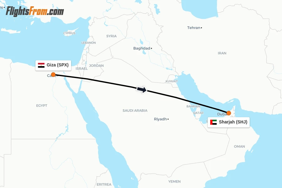 Flights from Giza to Sharjah route map