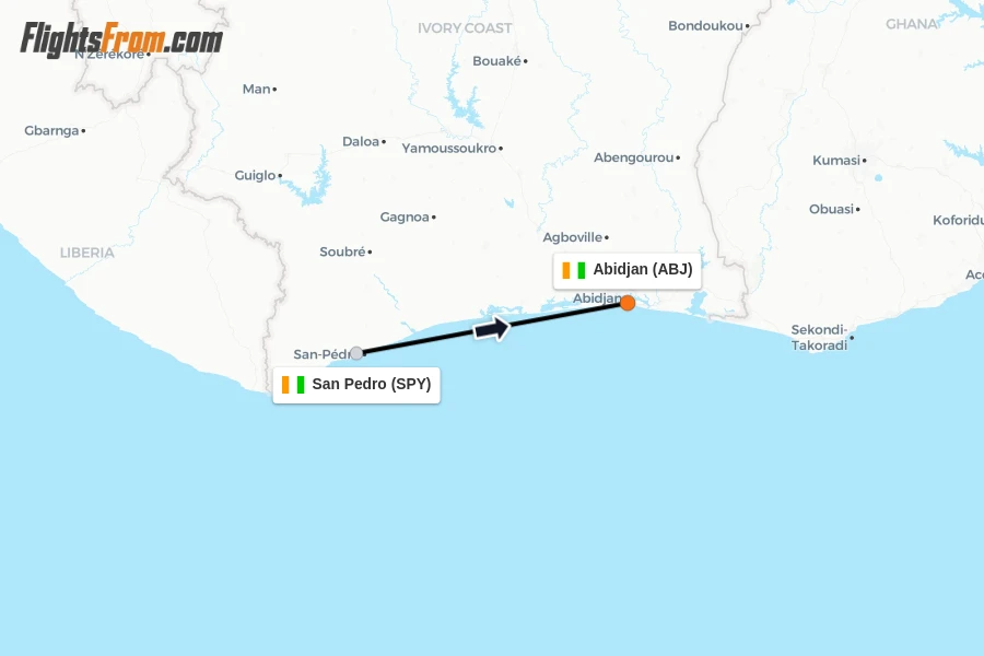Flights from San Pedro to Abidjan route map