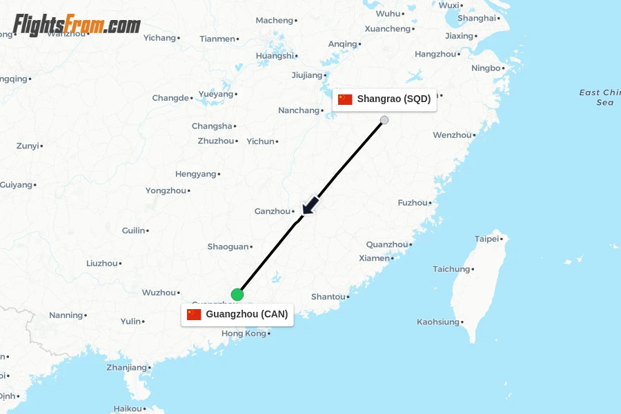 Flights from Shangrao to Guangzhou route map