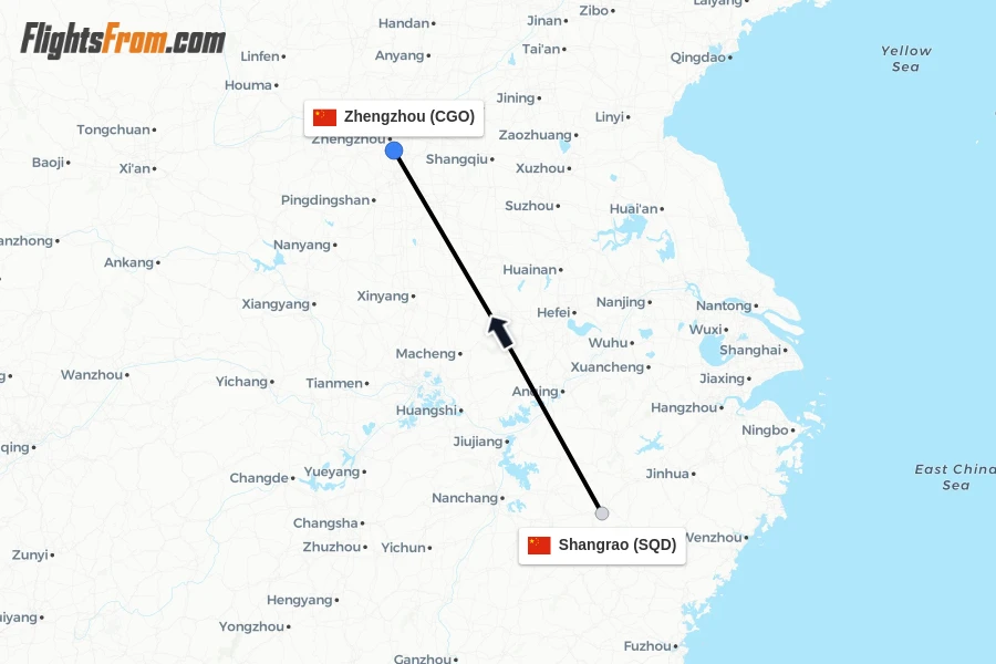 Flights from Shangrao to Zhengzhou route map