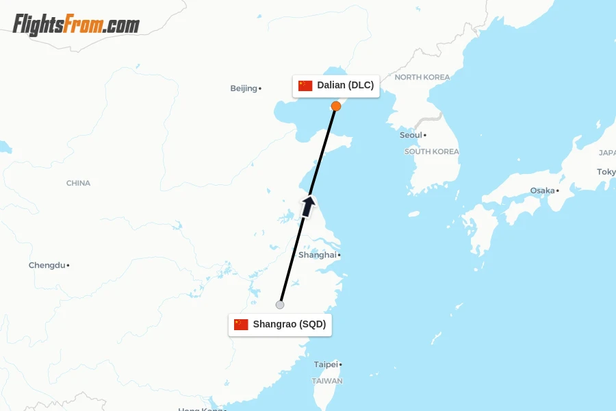 Flights from Shangrao to Dalian route map