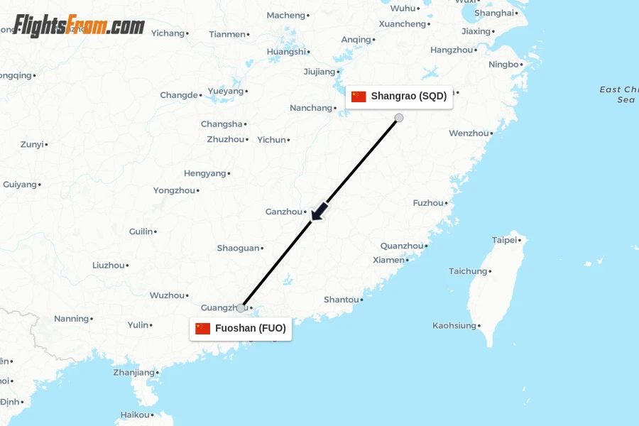 Flights from Shangrao to Fuoshan route map