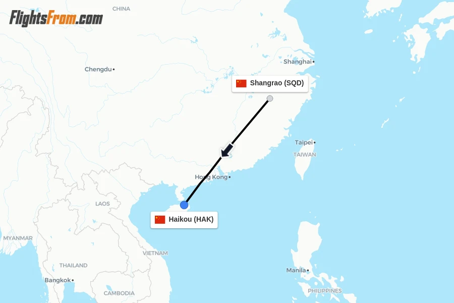 Flights from Shangrao to Haikou route map