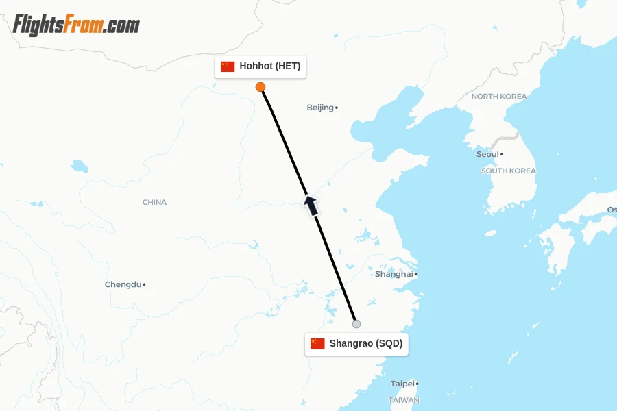 Flights from Shangrao to Hohhot route map