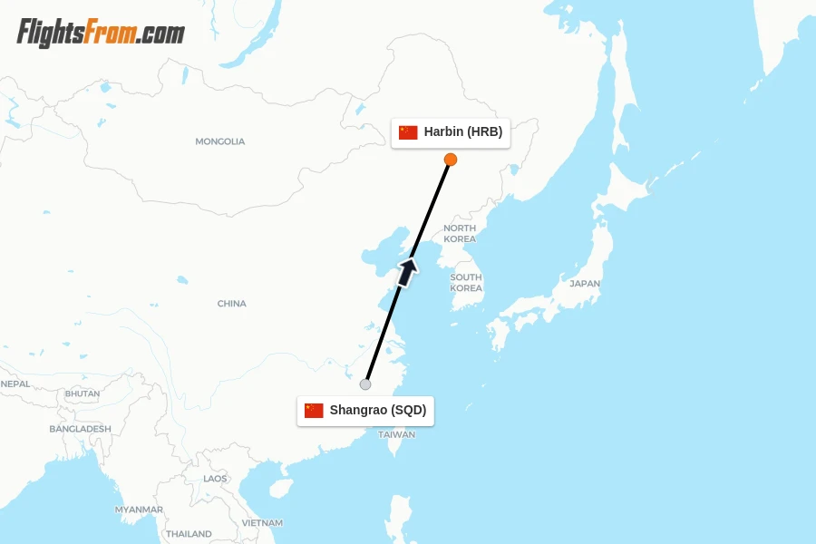 Flights from Shangrao to Harbin route map