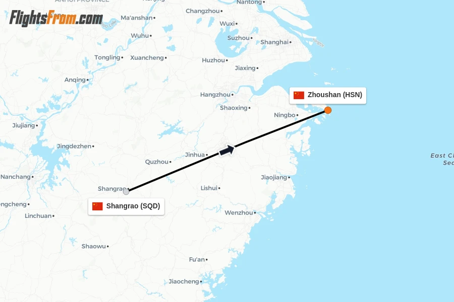 Flights from Shangrao to Zhoushan route map