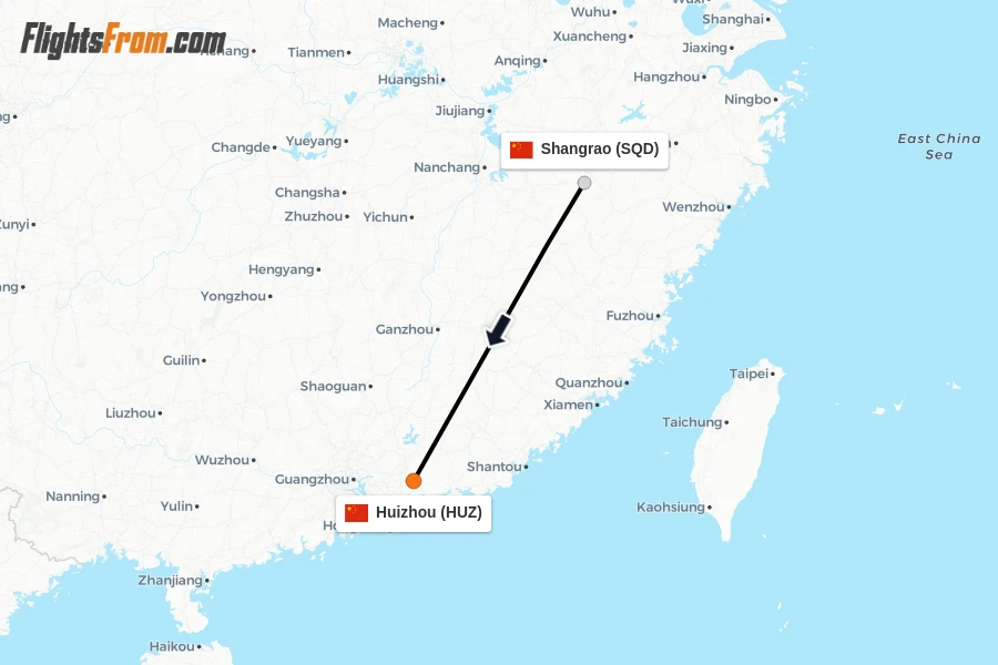 Flights from Shangrao to Huizhou route map