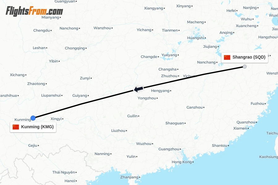 Flights from Shangrao to Kunming route map