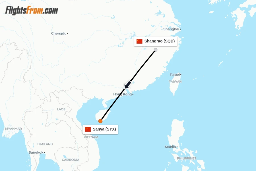 Flights from Shangrao to Sanya route map