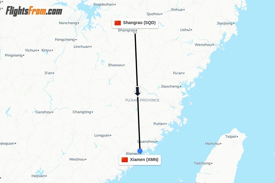 Flights from Shangrao to Xiamen route map