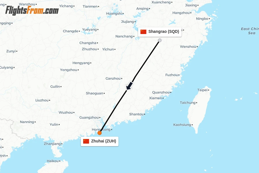Flights from Shangrao to Zhuhai route map