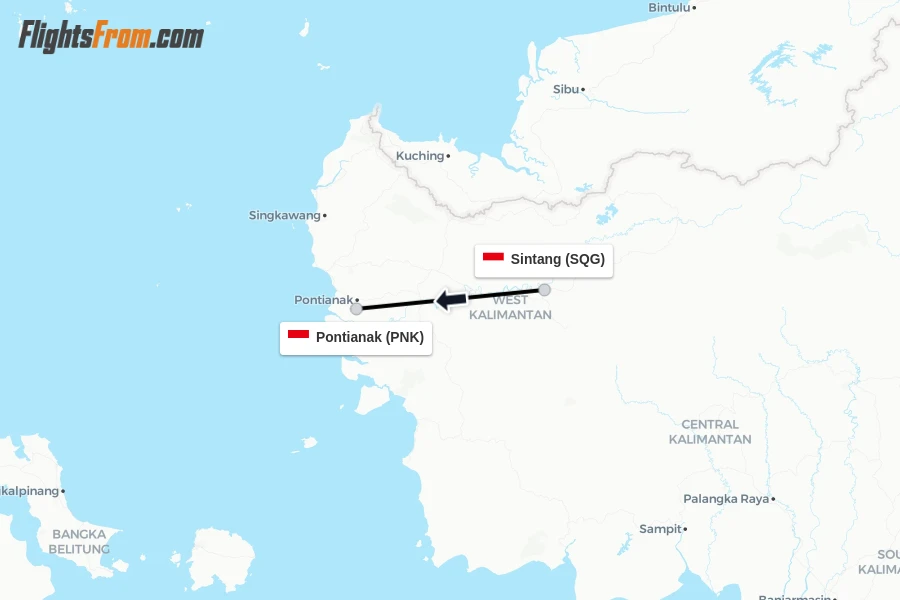 Flights from Sintang to Pontianak route map