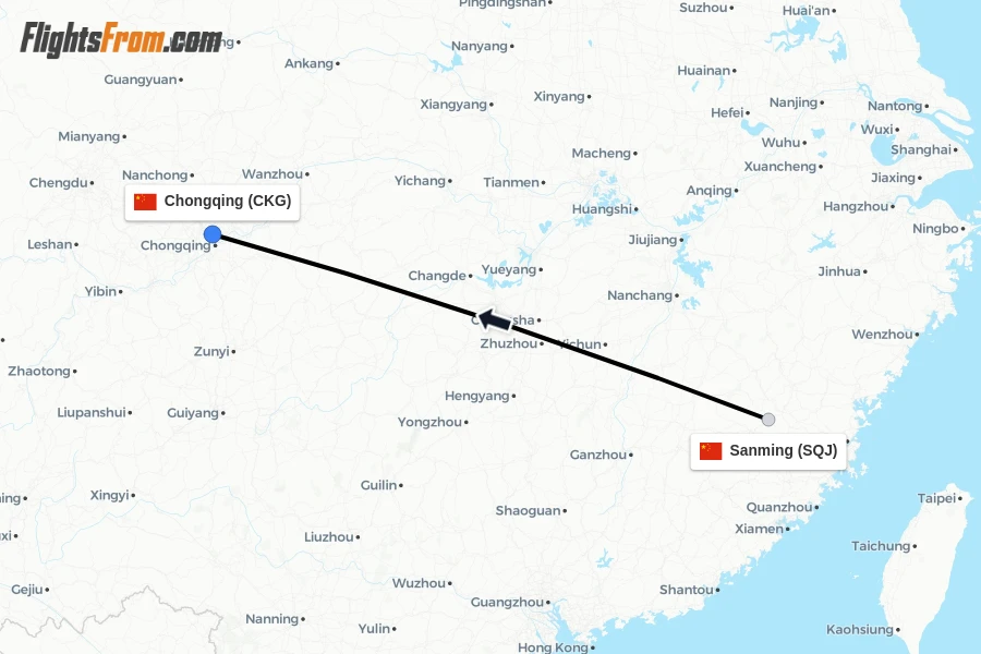 Flights from Sanming to Chongqing route map