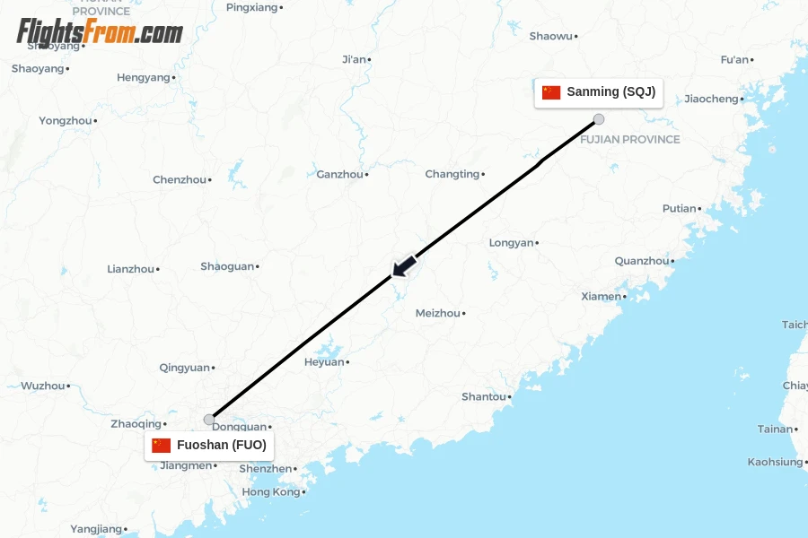 Flights from Sanming to Fuoshan route map