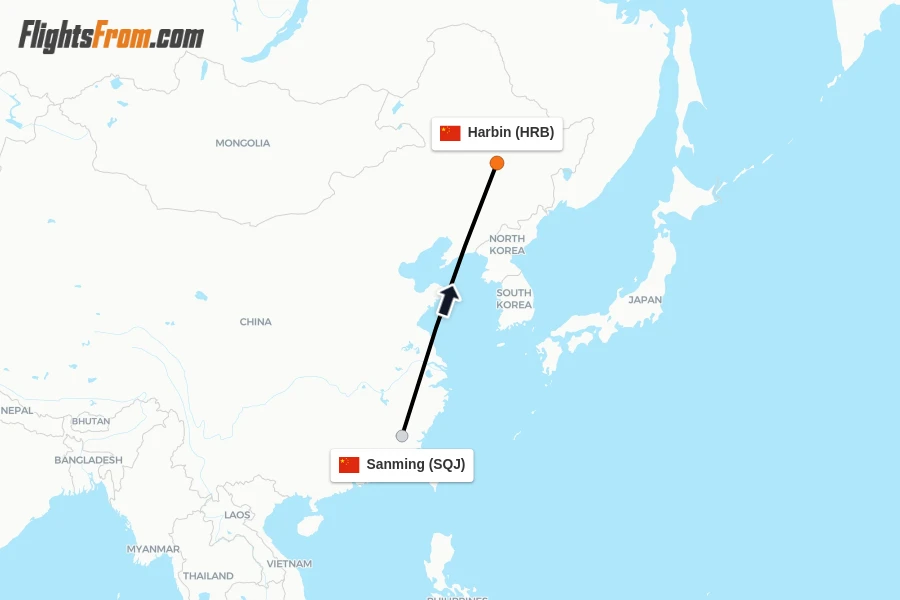 Flights from Sanming to Harbin route map