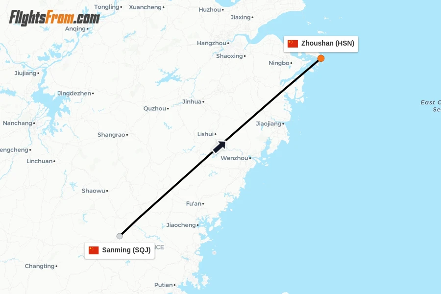 Flights from Sanming to Zhoushan route map