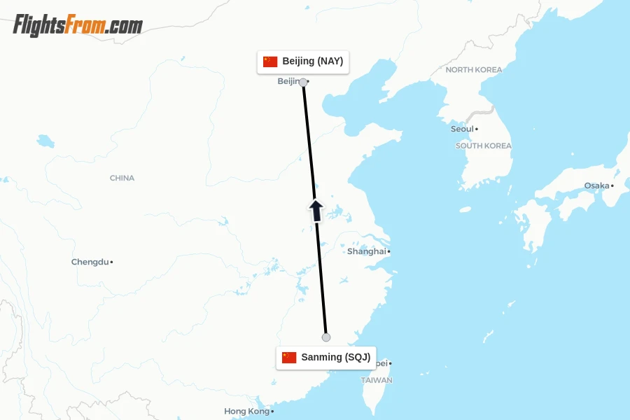 Flights from Sanming to Beijing route map