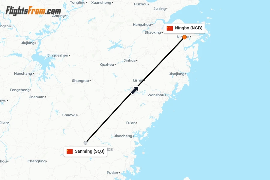 Flights from Sanming to Ningbo route map