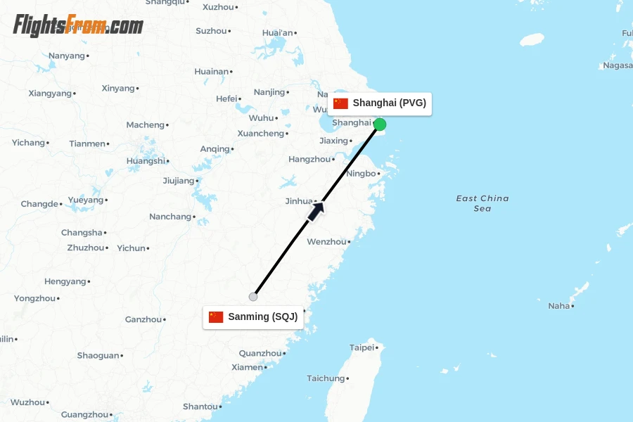 Flights from Sanming to Shanghai route map