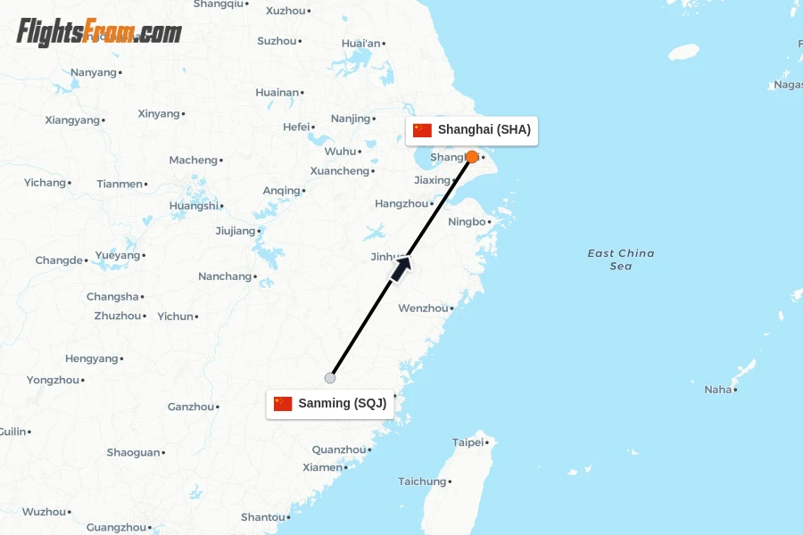 Flights from Sanming to Shanghai route map