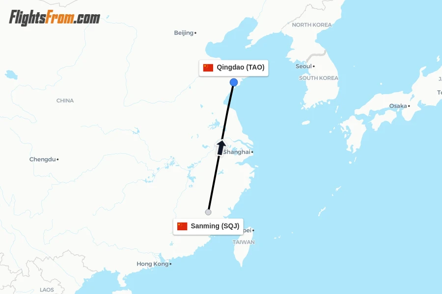 Flights from Sanming to Qingdao route map