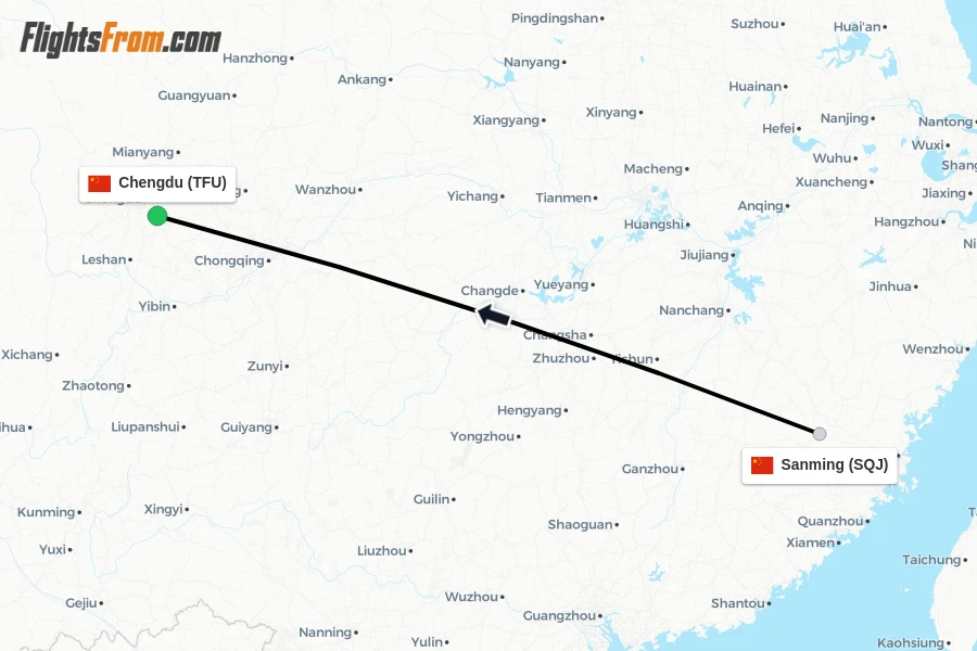 Flights from Sanming to Chengdu route map