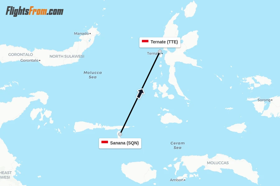 Flights from Sanana to Ternate route map