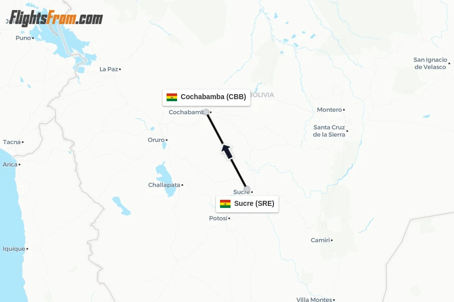 Flights from Sucre to Cochabamba route map