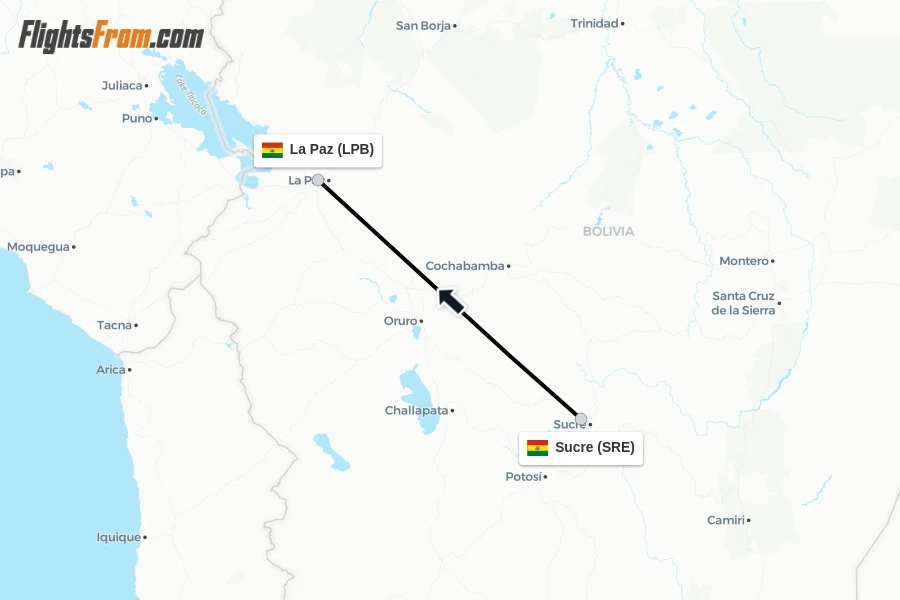Flights from Sucre to La Paz route map