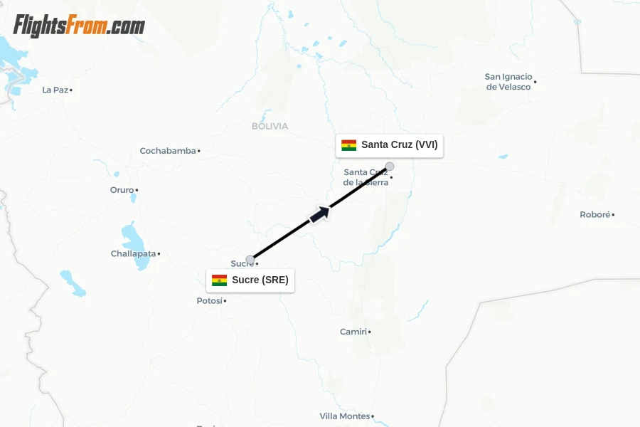 Flights from Sucre to Santa Cruz route map