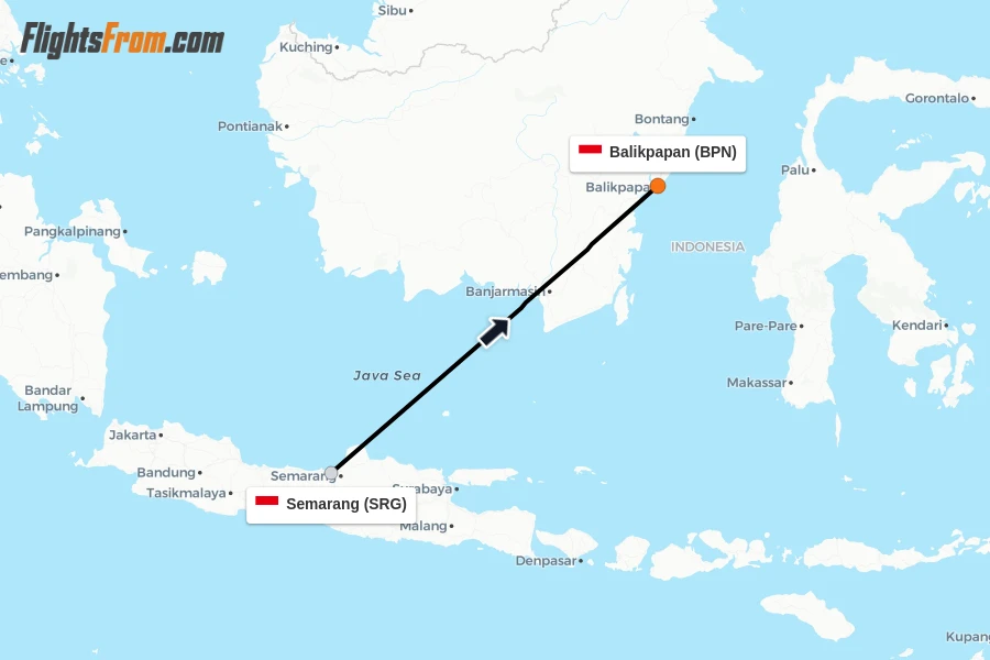 Flights from Semarang to Balikpapan route map