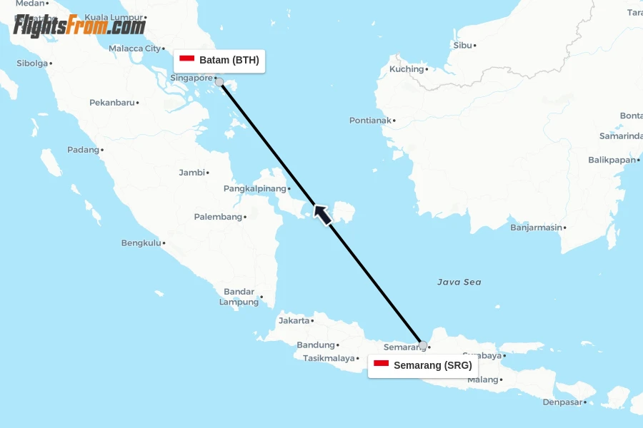 Flights from Semarang to Batam route map