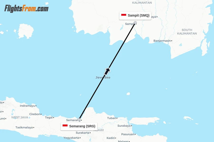 Flights from Semarang to Sampit route map
