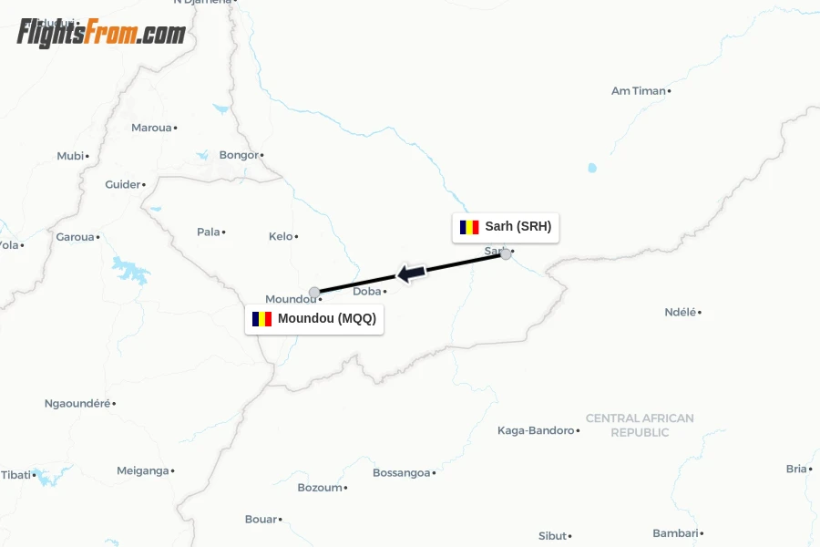 Flights from Sarh to Moundou route map