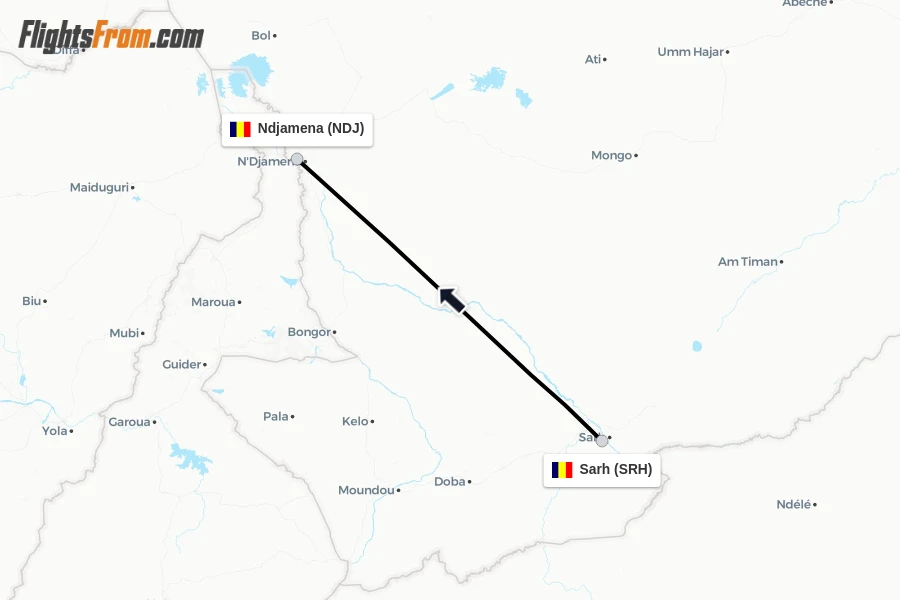 Flights from Sarh to Ndjamena route map