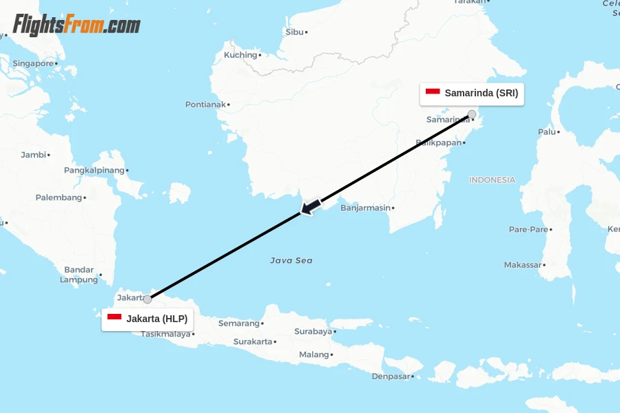 Flights from Samarinda to Jakarta route map
