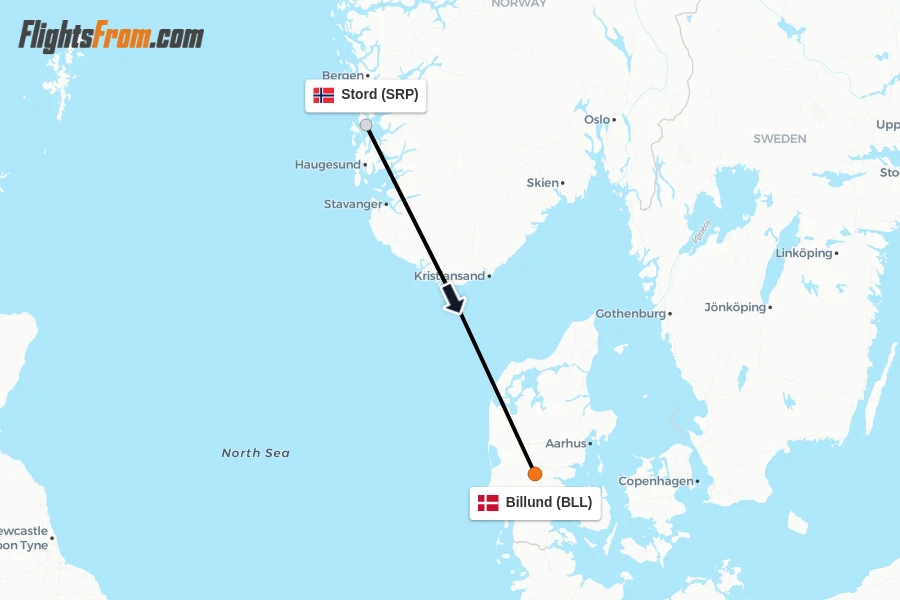 Flights from Stord to Billund route map