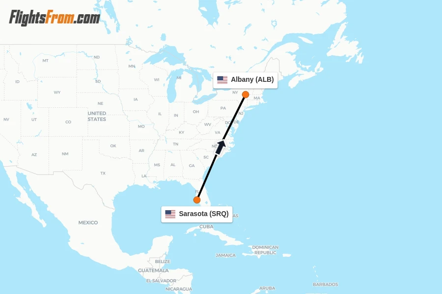 Flights from Sarasota to Albany route map