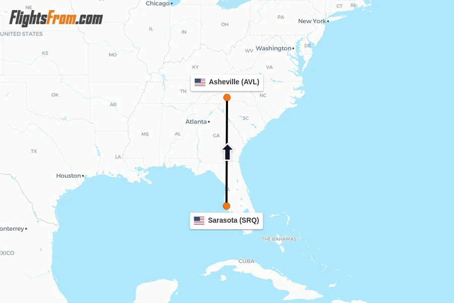 Flights from Sarasota to Asheville route map