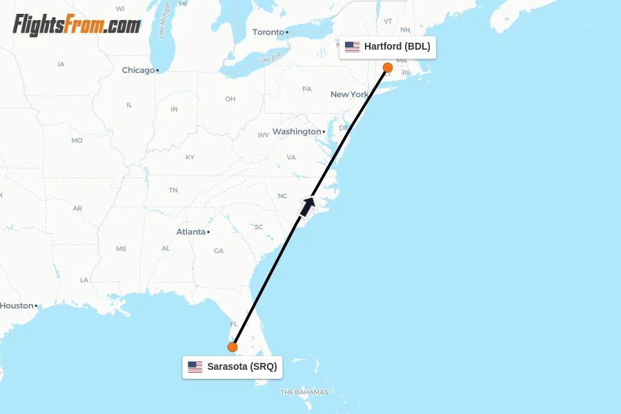 Flights from Sarasota to Hartford route map