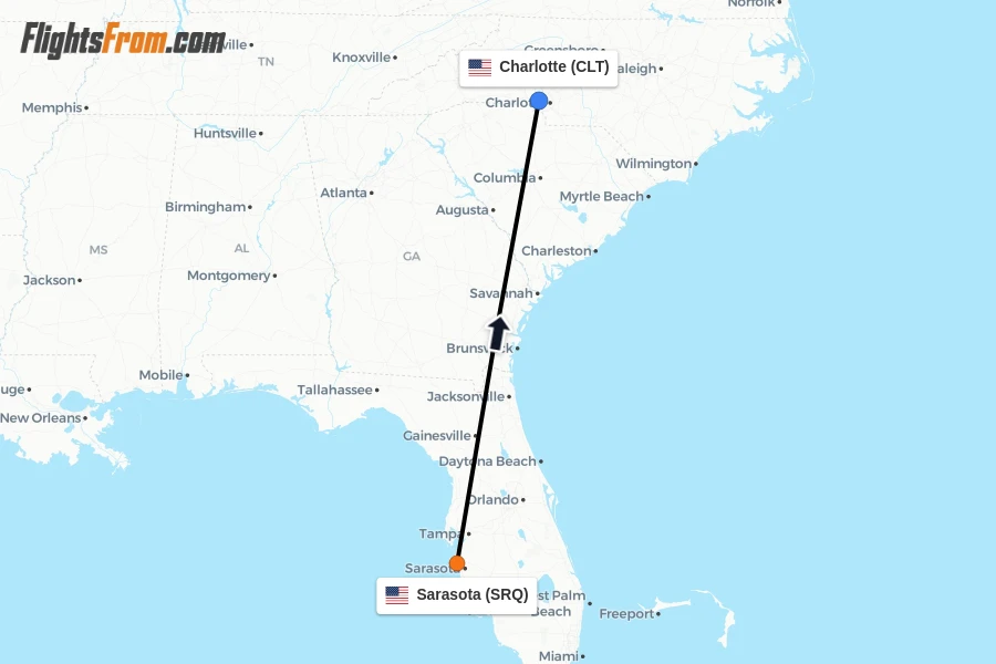 Flights from Sarasota to Charlotte route map