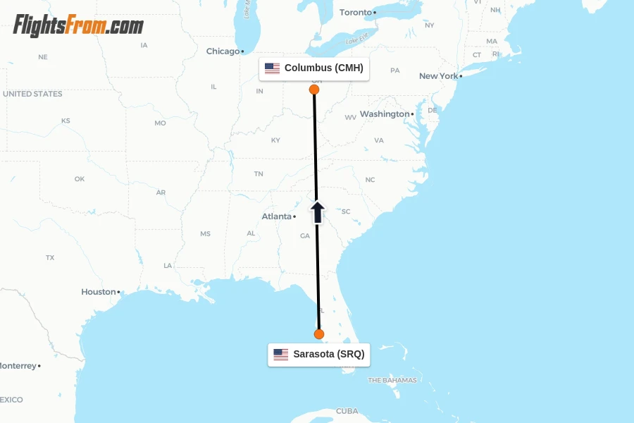 Flights from Sarasota to Columbus route map