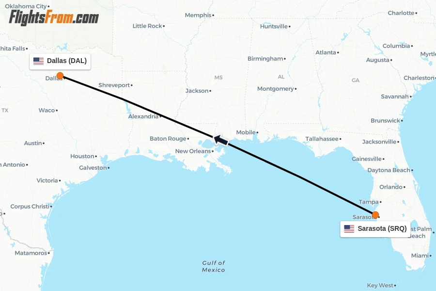 Flights from Sarasota to Dallas route map