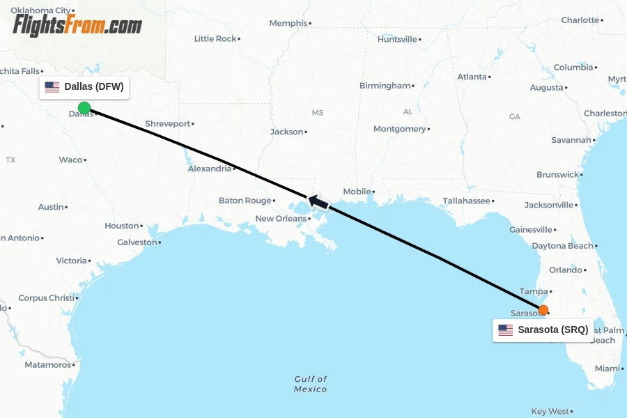 Flights from Sarasota to Dallas route map